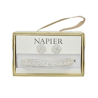 Napier Silver Tone Elevated Crystal Bangle Bracelet & Stud Earring Set