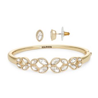 Napier Gold Tone Elevated Crystal Bangle Bracelet & Stud Earring Set