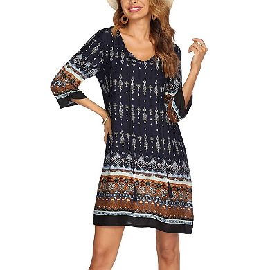 Zeagoo Plus Size Beach Summer Dresses Boho Tassel Tie Neck 3/4 Sleeve Floral Flowy Cover Up