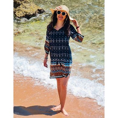 Zeagoo Plus Size Beach Summer Dresses Boho Tassel Tie Neck 3/4 Sleeve Floral Flowy Cover Up