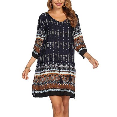 Zeagoo Plus Size Beach Summer Dresses Boho Tassel Tie Neck 3/4 Sleeve Floral Flowy Cover Up