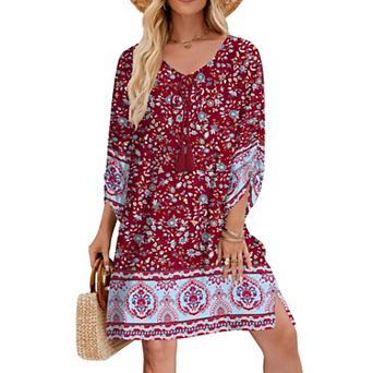 Zeagoo Plus Size Beach Summer Dresses Boho Tassel Tie Neck 3/4 Sleeve Floral Flowy Cover Up