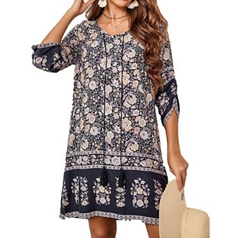 Zeagoo Plus Size Beach Summer Dresses Boho Tassel Tie Neck 3/4 Sleeve Floral Flowy Cover Up