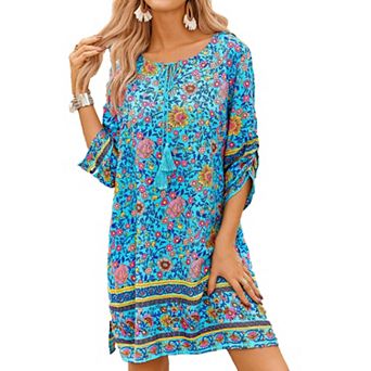 Zeagoo Plus Size Beach Summer Dresses Boho Tassel Tie Neck 3/4 Sleeve Floral Flowy Cover Up