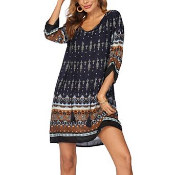 Zeagoo Plus Size Beach Summer Dresses Boho Tassel Tie Neck 3/4 Sleeve Floral Flowy Cover Up