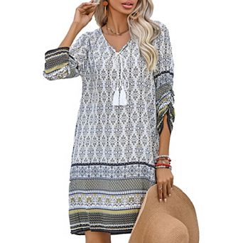 Zeagoo Plus Size Beach Summer Dresses Boho Tassel Tie Neck 3/4 Sleeve Floral Flowy Cover Up