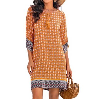 Zeagoo Plus Size Beach Summer Dresses Boho Tassel Tie Neck 3/4 Sleeve Floral Flowy Cover Up