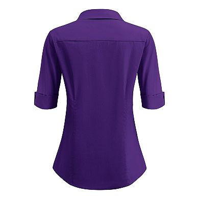 Zeagoo Cotton Button Down Shirt Women 3/4 Sleeve Stretch Button Up Shirts Collared Fitted Blouse