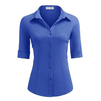 Zeagoo Cotton Button Down Shirt Women 3/4 Sleeve Stretch Button Up Shirts Collared Fitted Blouse