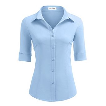 Zeagoo Cotton Button Down Shirt Women 3/4 Sleeve Stretch Button Up Shirts Collared Fitted Blouse