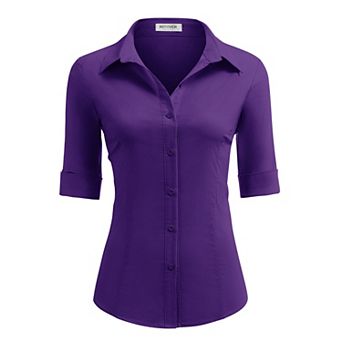 Zeagoo Cotton Button Down Shirt Women 3/4 Sleeve Stretch Button Up Shirts Collared Fitted Blouse