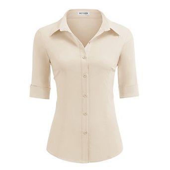 Zeagoo Cotton Button Down Shirt Women 3/4 Sleeve Stretch Button Up Shirts Collared Fitted Blouse