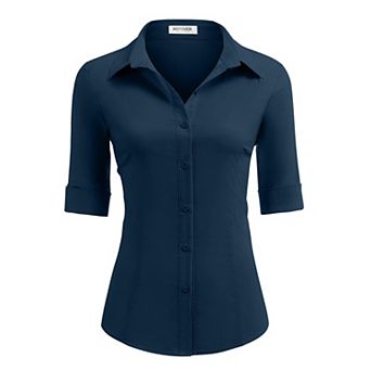 Zeagoo Cotton Button Down Shirt Women 3/4 Sleeve Stretch Button Up Shirts Collared Fitted Blouse