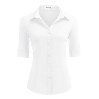 Zeagoo Cotton Button Down Shirt Women 3/4 Sleeve Stretch Button Up Shirts Collared Fitted Blouse
