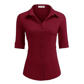 Zeagoo Cotton Button Down Shirt Women 3/4 Sleeve Stretch Button Up Shirts Collared Fitted Blouse
