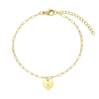 Adornia Tarnish Resistant 18k Gold Flash Plated Initial Engraved Heart Paperclip Chain Bracelet