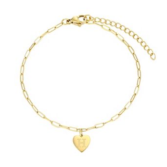 Adornia Tarnish Resistant 18k Gold Flash Plated Initial Engraved Heart Paperclip Chain Bracelet