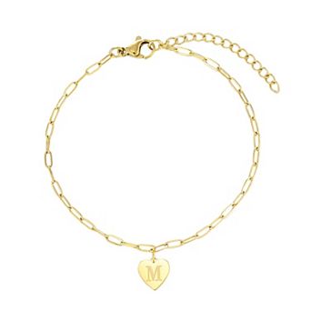Adornia Tarnish Resistant 18k Gold Flash Plated Initial Engraved Heart Paperclip Chain Bracelet