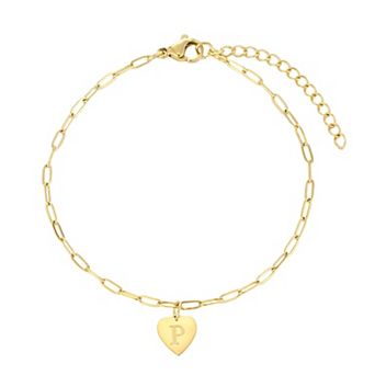 Adornia Tarnish Resistant 18k Gold Flash Plated Initial Engraved Heart Paperclip Chain Bracelet