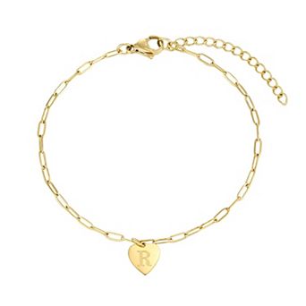 Adornia Tarnish Resistant 18k Gold Flash Plated Initial Engraved Heart Paperclip Chain Bracelet