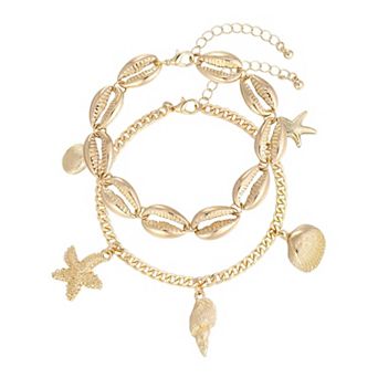 Adornia 14k Gold Flash Plated 2 pc Shell Charm Anklet Set