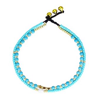 Adornia 14k Gold Flash Plated 2 pc Adjustable Turquoise Bead & Freshwater Cultured Pearl Anklet Set