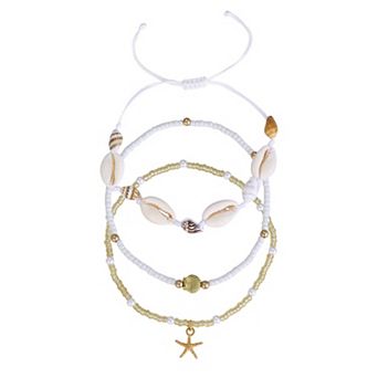 Adornia 14k Gold Flash Plated 3 pc Shell & Bead Anklet Set