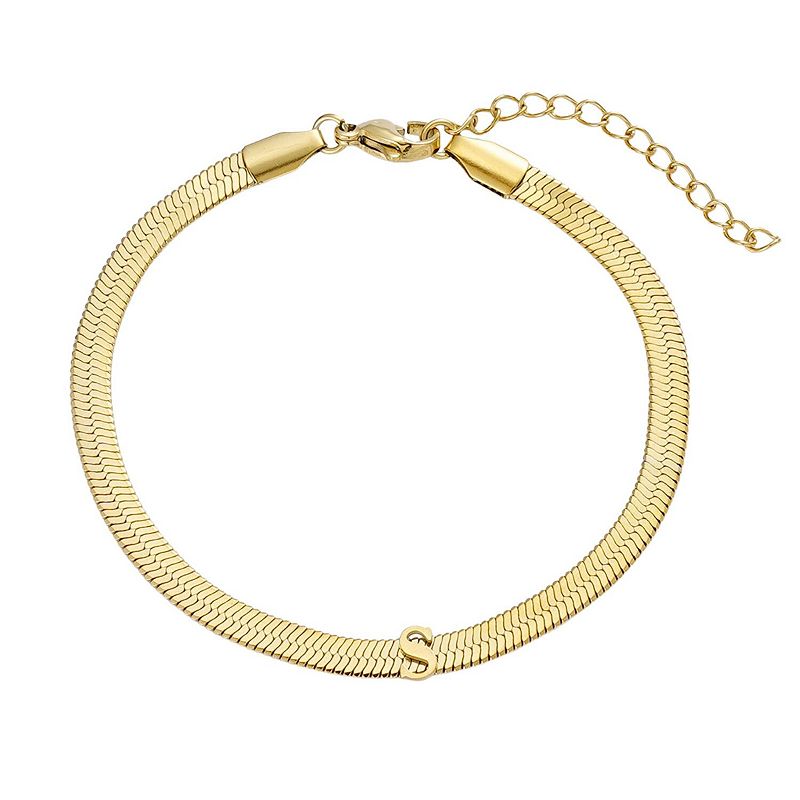 Adornia Tarnish Resistant 18k Gold Flash Plated Initial Herringbone Chain Bracelet, Women's, 