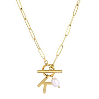 Adornia Tarnish Resistant 18k Gold Flash Plated Freshwater Cultured Pearl Initial Toggle Necklace