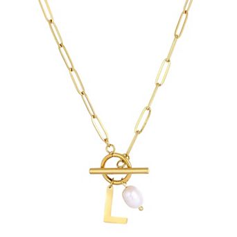 Adornia Tarnish Resistant 18k Gold Flash Plated Freshwater Cultured Pearl Initial Toggle Necklace