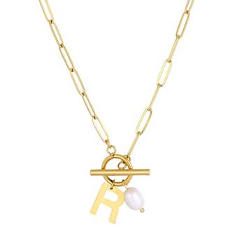 Adornia Tarnish Resistant 18k Gold Flash Plated Freshwater Cultured Pearl Initial Toggle Necklace