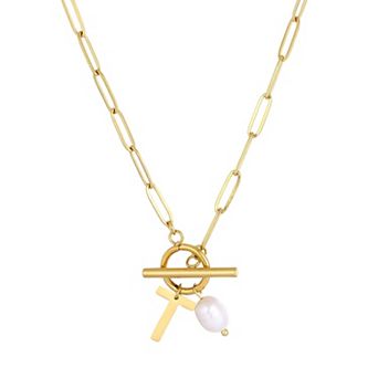 Adornia Tarnish Resistant 18k Gold Flash Plated Freshwater Cultured Pearl Initial Toggle Necklace