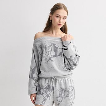 Juniors' Western Off The Shoulder Fleece Graphic Pullover Top