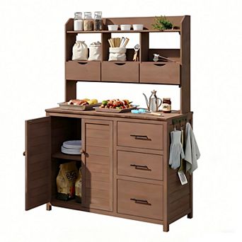 Farmhouse Patio Potting Bench, Workstation w/6 Drawers, Cabinet, Hook, Outdoor Kitchen Island