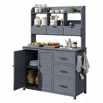 Farmhouse Patio Potting Bench, Workstation w/6 Drawers, Cabinet, Hook, Outdoor Kitchen Island