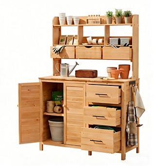 Farmhouse Patio Potting Bench, Workstation w/6 Drawers, Cabinet, Hook, Outdoor Kitchen Island
