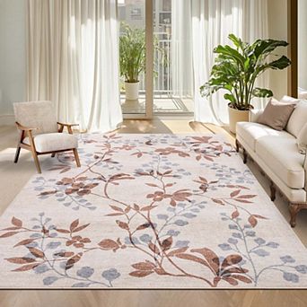 Modern Floral Accent Area Rugs Non Slip Washable Stain Resistant Soft Low Pile Carpet for Living