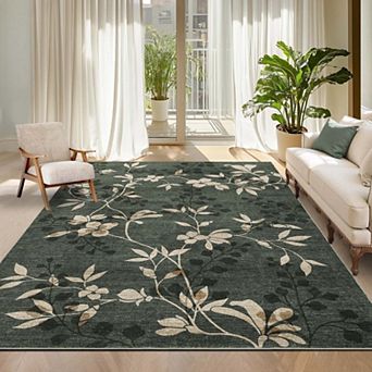 Modern Floral Accent Area Rugs Non Slip Washable Stain Resistant Soft Low Pile Carpet for Living