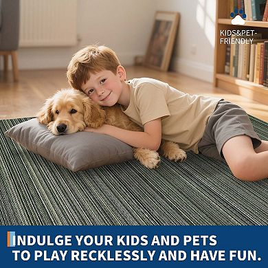 Modern Stripe Washable Area Rugs Neutral Printed Carpet with Non Slip Backing