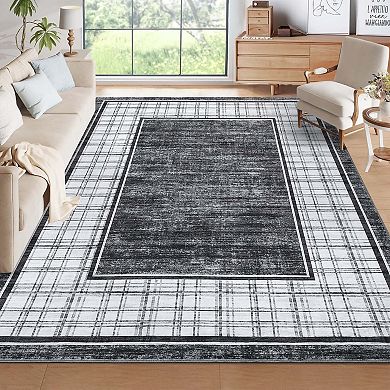 Modern Geometric Area Rugs Plaid Bordered Area Rugss Washable Non Slip