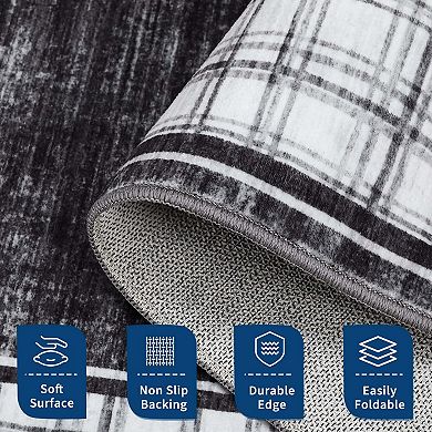 Modern Geometric Area Rugs Plaid Bordered Area Rugss Washable Non Slip