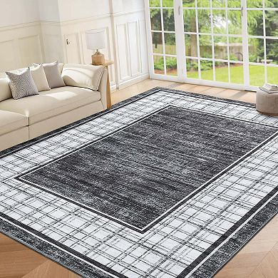 Modern Geometric Area Rugs Plaid Bordered Area Rugss Washable Non Slip