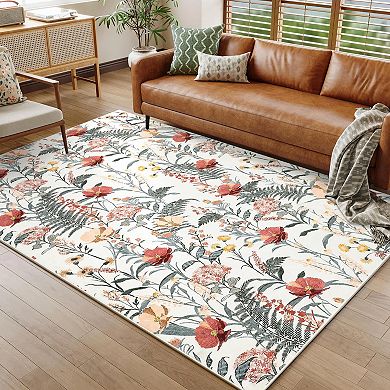 Modern Floral Area Rugs Washable Farmhouse Carpet Non Slip Low Pile
