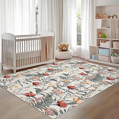 Modern Floral Area Rugs Washable Farmhouse Carpet Non Slip Low Pile