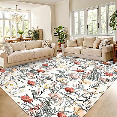 Modern Floral Area Rugs Washable Farmhouse Carpet Non Slip Low Pile