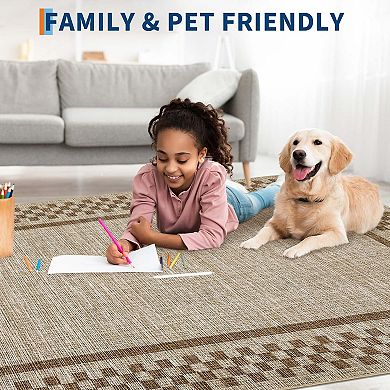 Modern Checkered Bordered Washable Low Pile Area Rugs Beige Indoor Carpet for Living & Bedroom