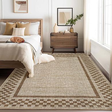 Modern Checkered Bordered Washable Low Pile Area Rugs Beige Indoor Carpet for Living & Bedroom