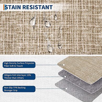 Modern Checkered Bordered Washable Low Pile Area Rugs Beige Indoor Carpet for Living & Bedroom