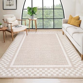 Modern Checkered Bordered Washable Low Pile Area Rugs Beige Indoor Carpet for Living & Bedroom