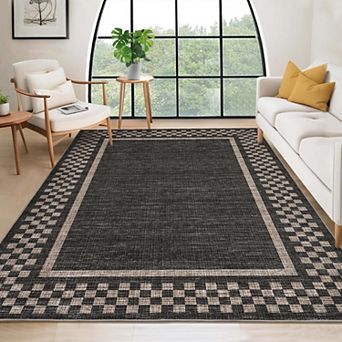 Modern Checkered Bordered Washable Low Pile Area Rugs Beige Indoor Carpet for Living & Bedroom